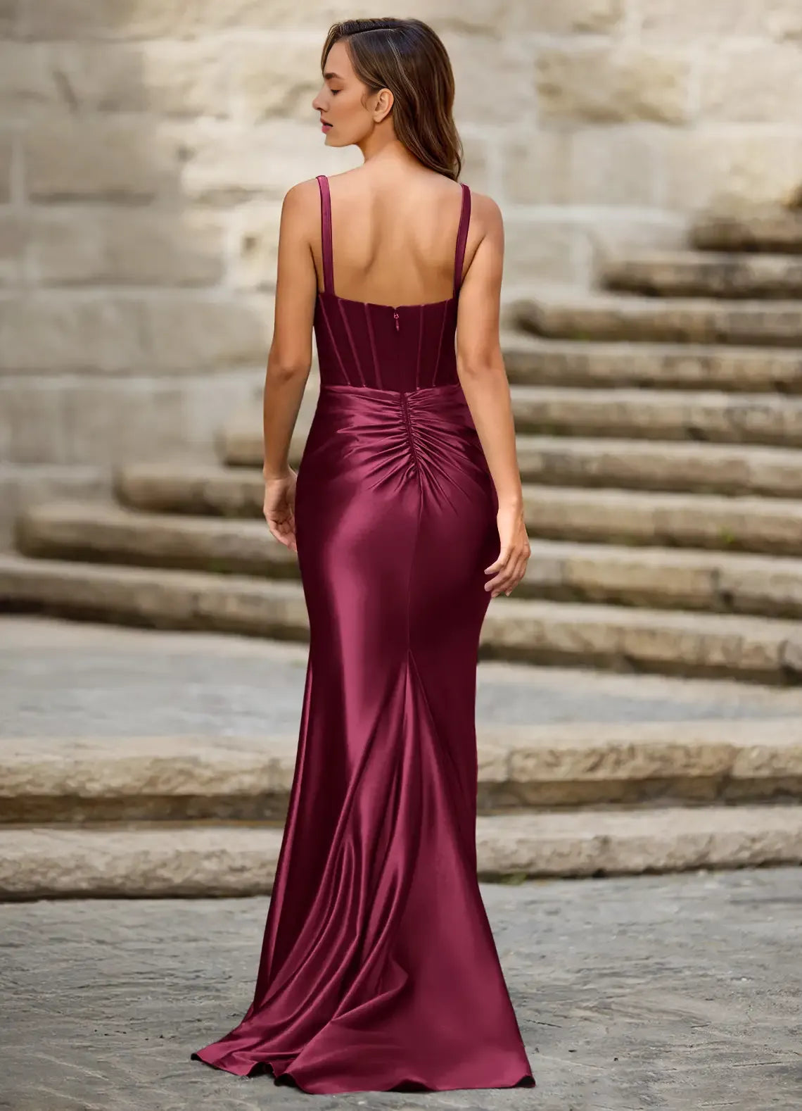 Mermaid Square Neck Pleated Satin Ankara Red Prom Dress With Slit