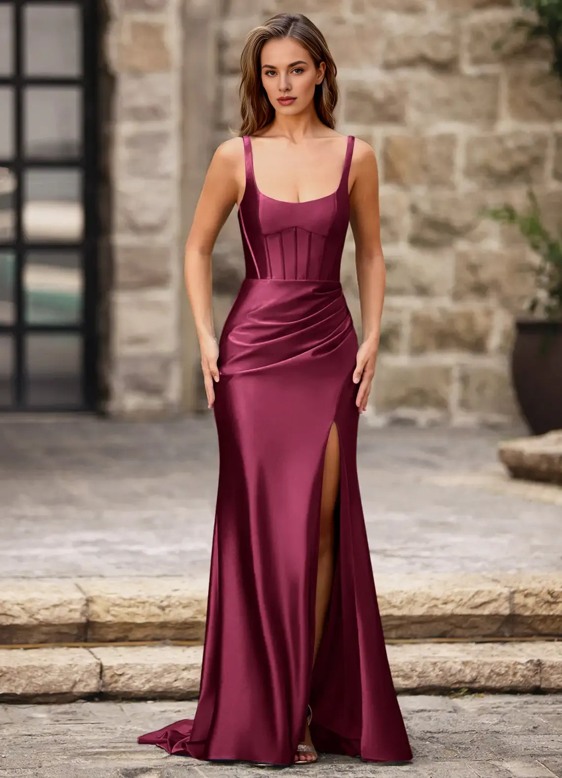 Mermaid Square Neck Pleated Satin Ankara Red Prom Dress With Slit