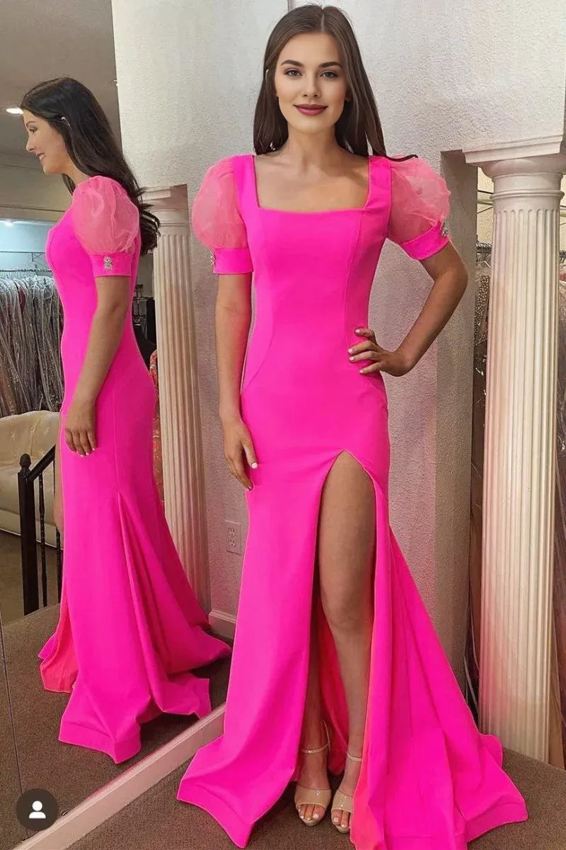 Mermaid Square Neck Puff Sleeve Hot Pink Long Evening Dress With Slit