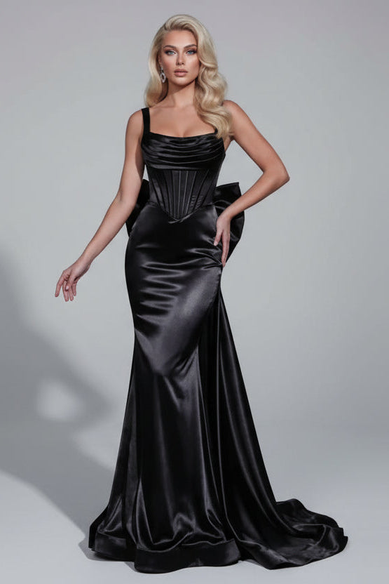 Mermaid Square Neck Ruched Corset Bow Satin Black Prom Dress With Train