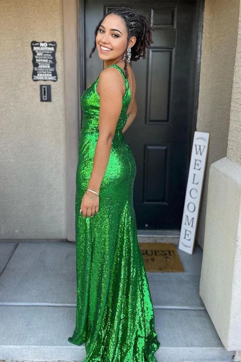 Mermaid Square Neck Sequins Green Floor Length Evening Dress With Slit