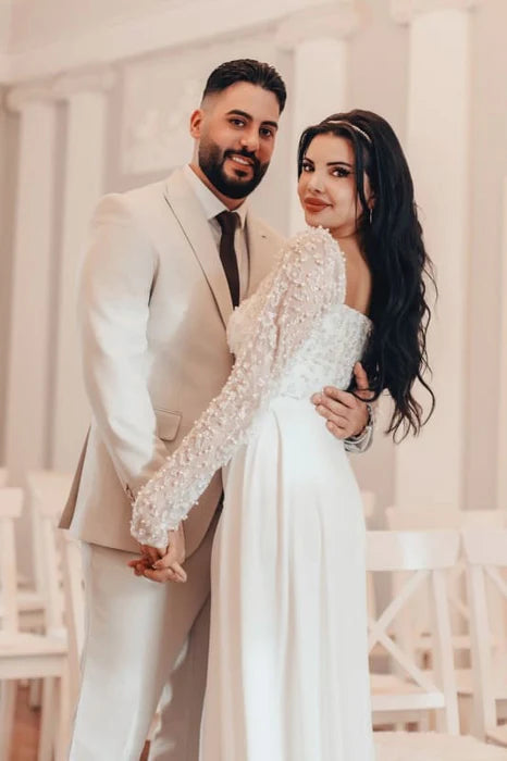 Mermaid Square Neck Sequins Long Sleeves With Beaded Wedding Dress Long Bridal Dress With Train