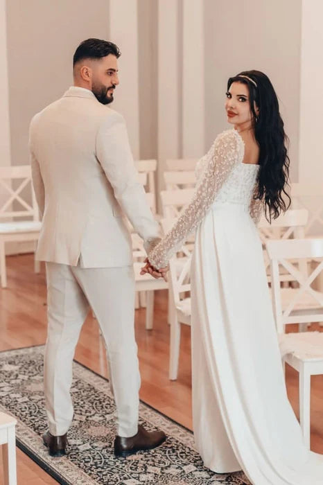 Mermaid Square Neck Sequins Long Sleeves With Beaded Wedding Dress Long Bridal Dress With Train
