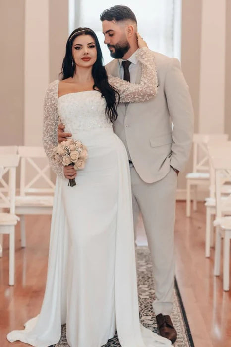 Mermaid Square Neck Sequins Long Sleeves With Beaded Wedding Dress Long Bridal Dress With Train