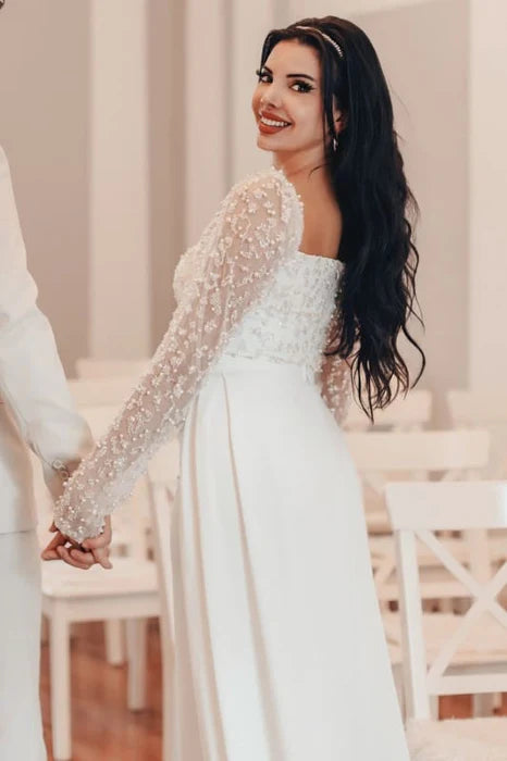 Mermaid Square Neck Sequins Long Sleeves With Beaded Wedding Dress Long Bridal Dress With Train