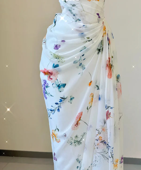 Mermaid Square Neck Sleeveless Pleated Floral Chiffon White Long Prom Dresses