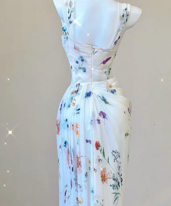 Mermaid Square Neck Sleeveless Pleated Floral Chiffon White Long Prom Dresses