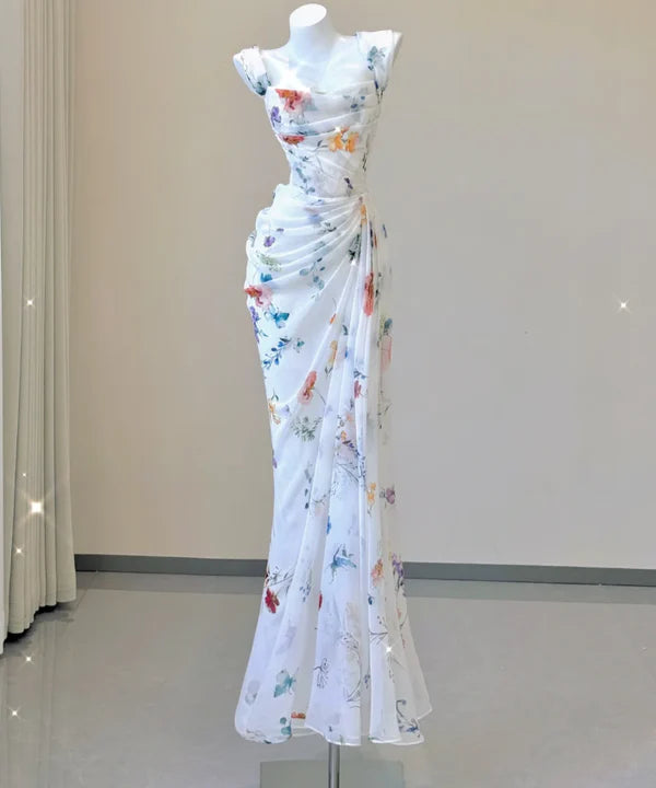 Mermaid Square Neck Sleeveless Pleated Floral Chiffon White Long Prom Dresses