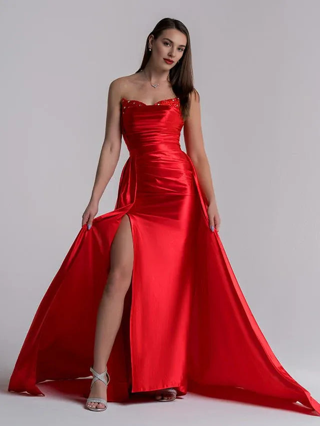 Mermaid Strapless Applique Satin Red Evening Dress Prom Dress With Train