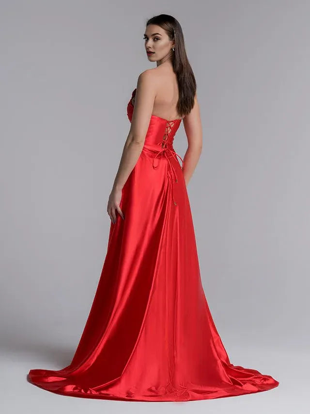 Mermaid Strapless Applique Satin Red Evening Dress Prom Dress With Train