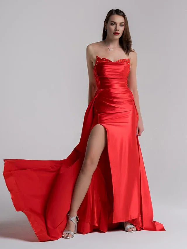 Mermaid Strapless Applique Satin Red Evening Dress Prom Dress With Train