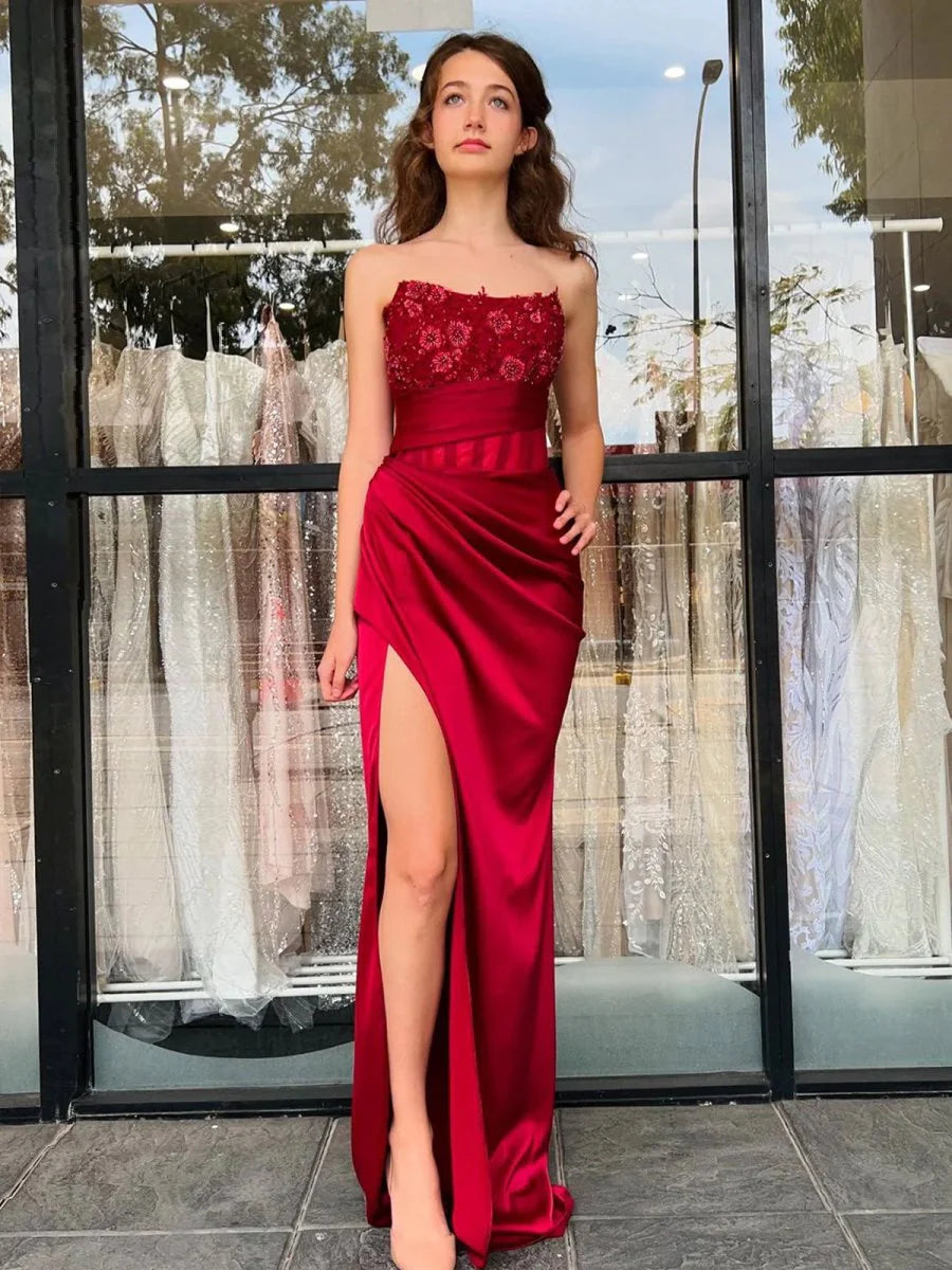 Mermaid Strapless Appliques Satin Burgundy Floor Length Prom Dress With Slit
