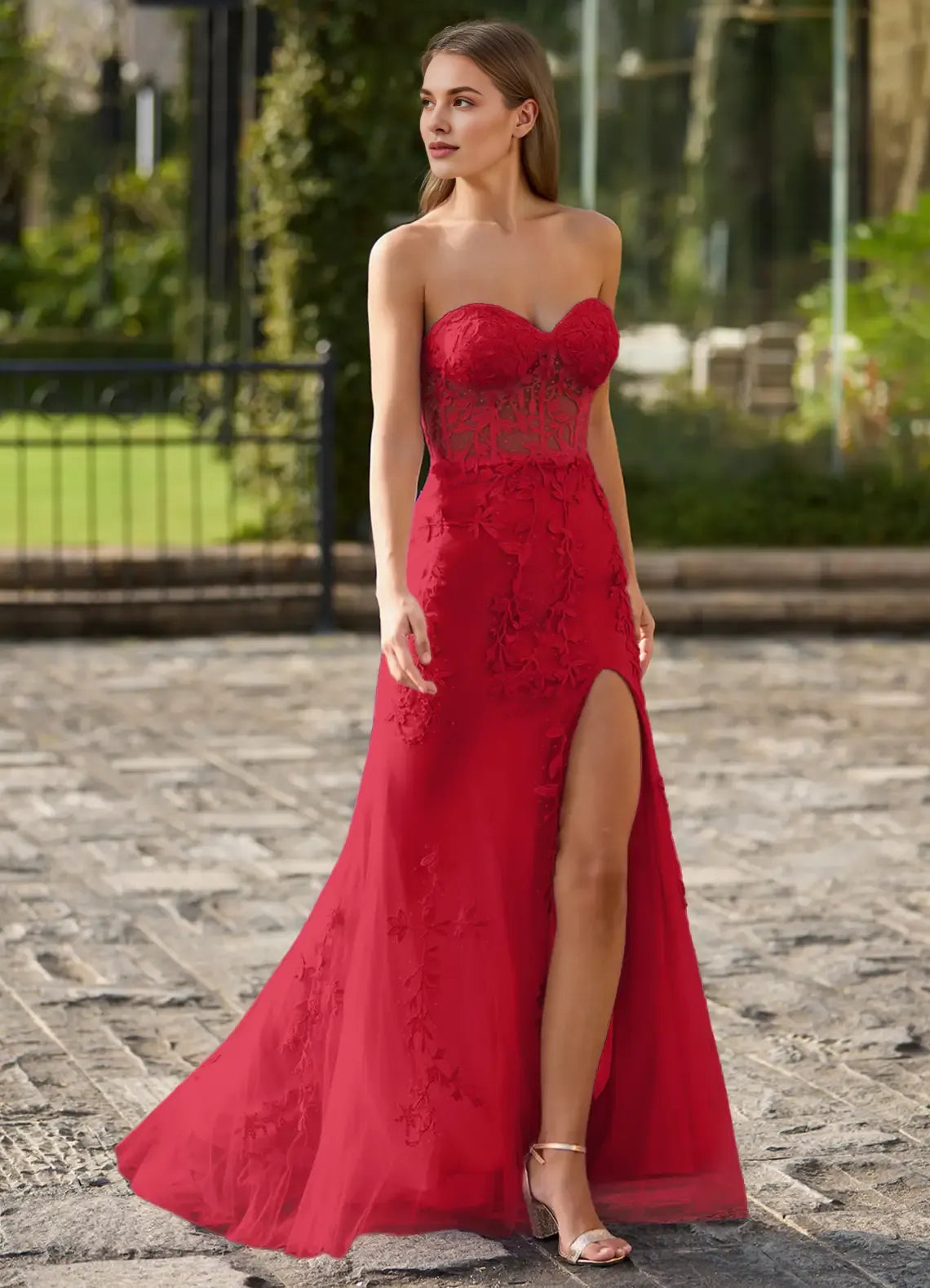 Mermaid Strapless Beaded Applique Lace Tulle Red Maxi Prom Dress
