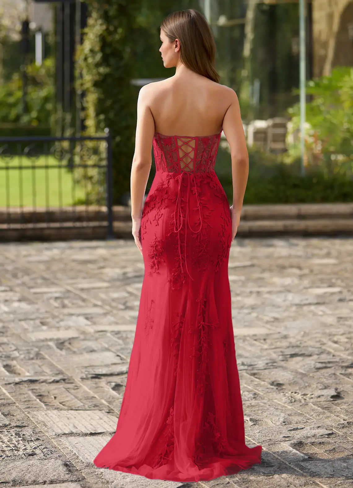 Mermaid Strapless Beaded Applique Lace Tulle Red Maxi Prom Dress