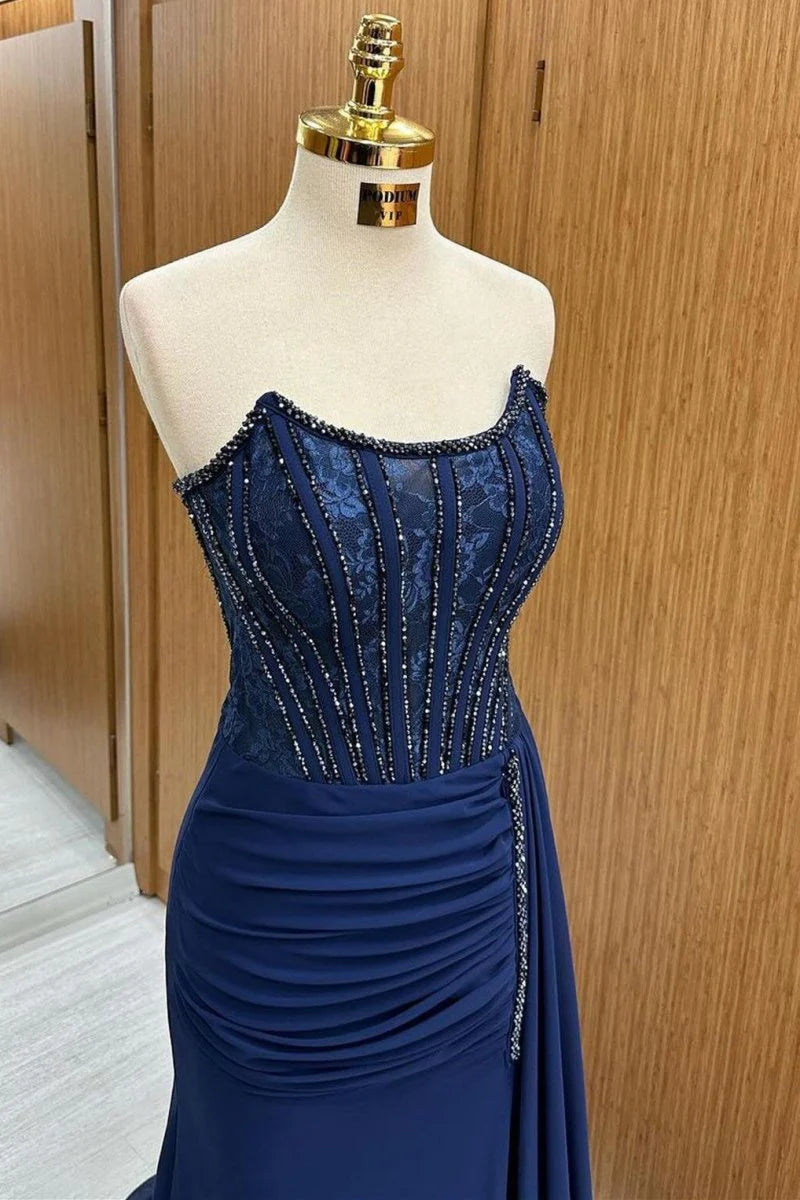Mermaid Strapless Beaded Lace Chiffon Navy Evening Dress With Attached Train