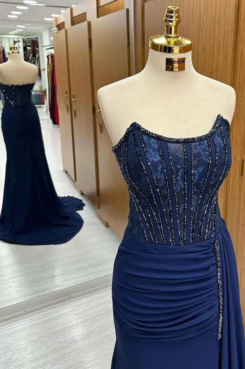 Mermaid Strapless Beaded Lace Chiffon Navy Evening Dress With Attached Train