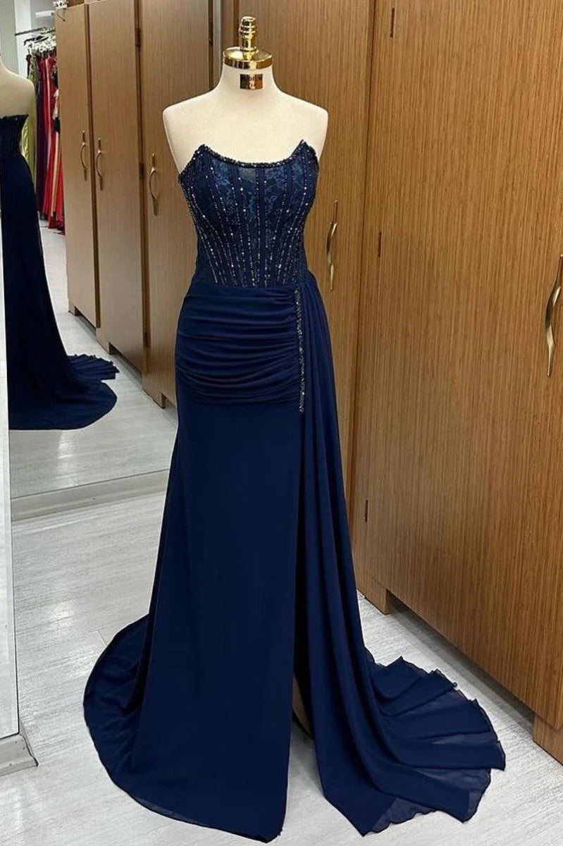 Mermaid Strapless Beaded Lace Chiffon Navy Evening Dress With Attached Train