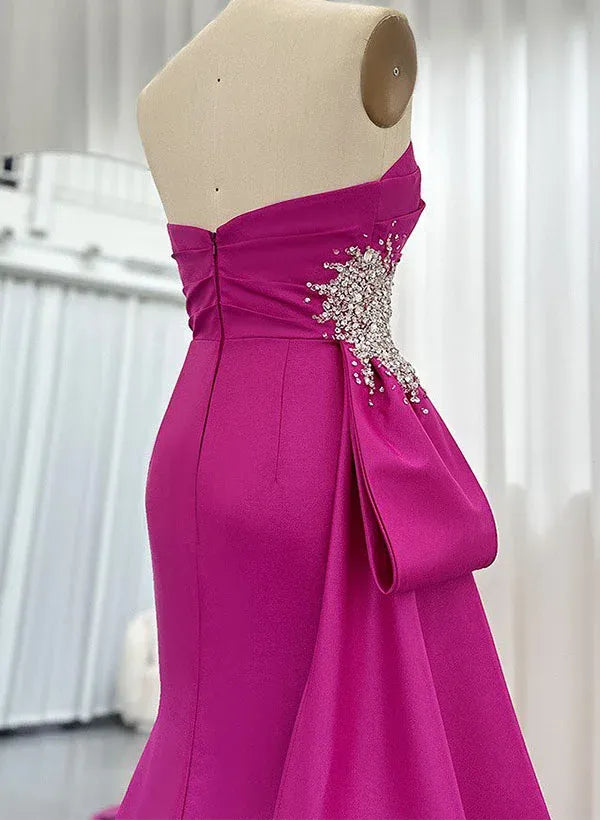 Mermaid Strapless Beaded Ruched Satin Fuchsia Long Prom Dress With Slit