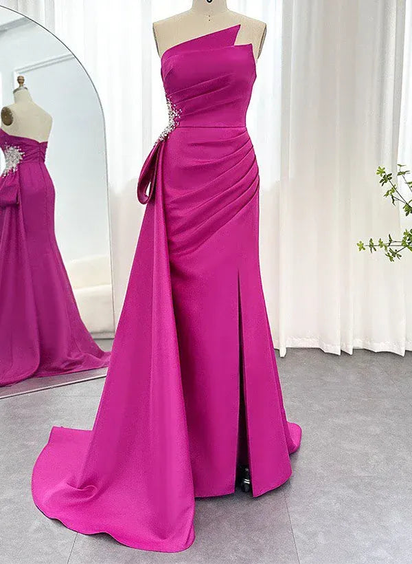 Mermaid Strapless Beaded Ruched Satin Fuchsia Long Prom Dress With Slit