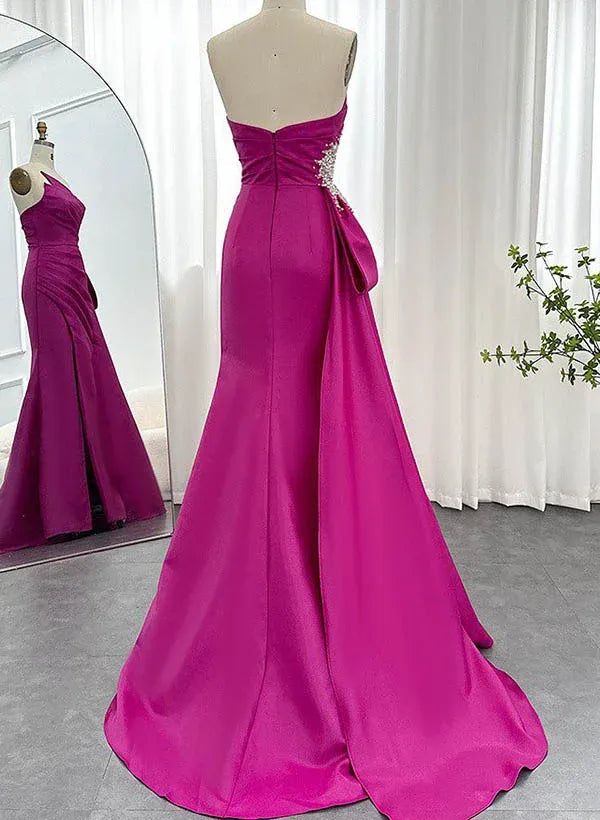 Mermaid Strapless Beaded Ruched Satin Fuchsia Long Prom Dress With Slit