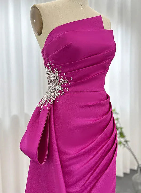Mermaid Strapless Beaded Ruched Satin Fuchsia Long Prom Dress With Slit