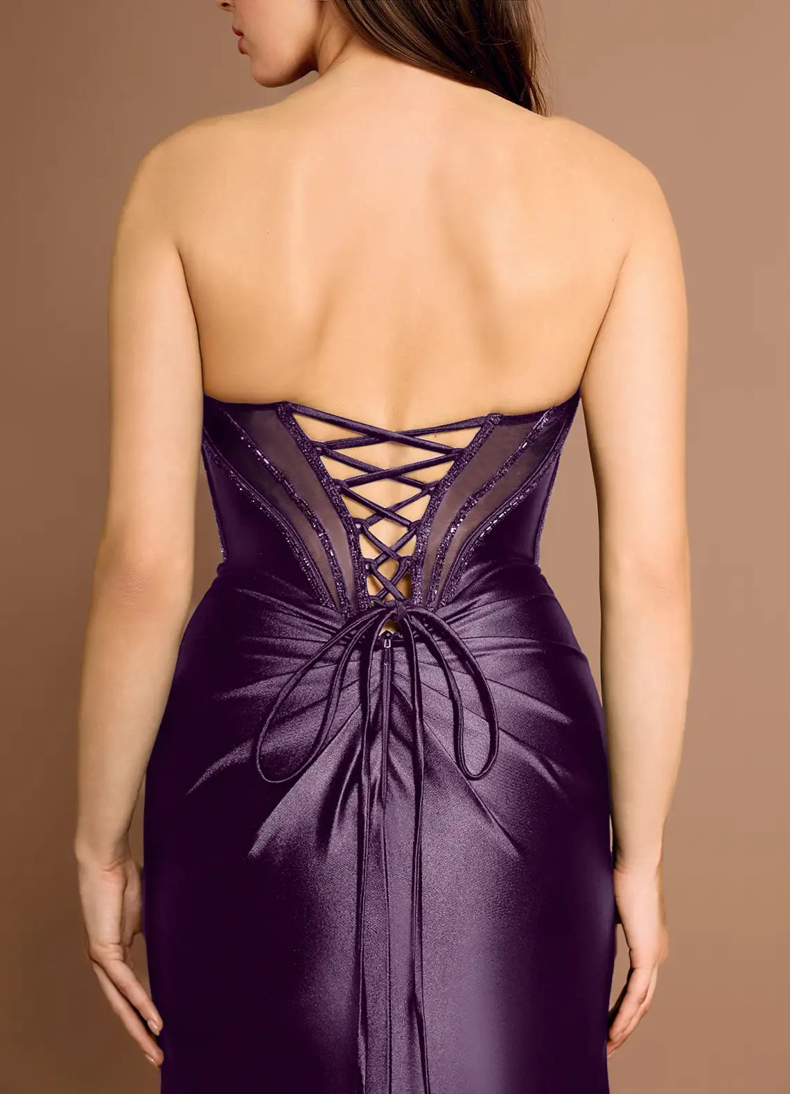 Mermaid Strapless Beaded Sheer Satin Dark Purple Maxi Evening Dress