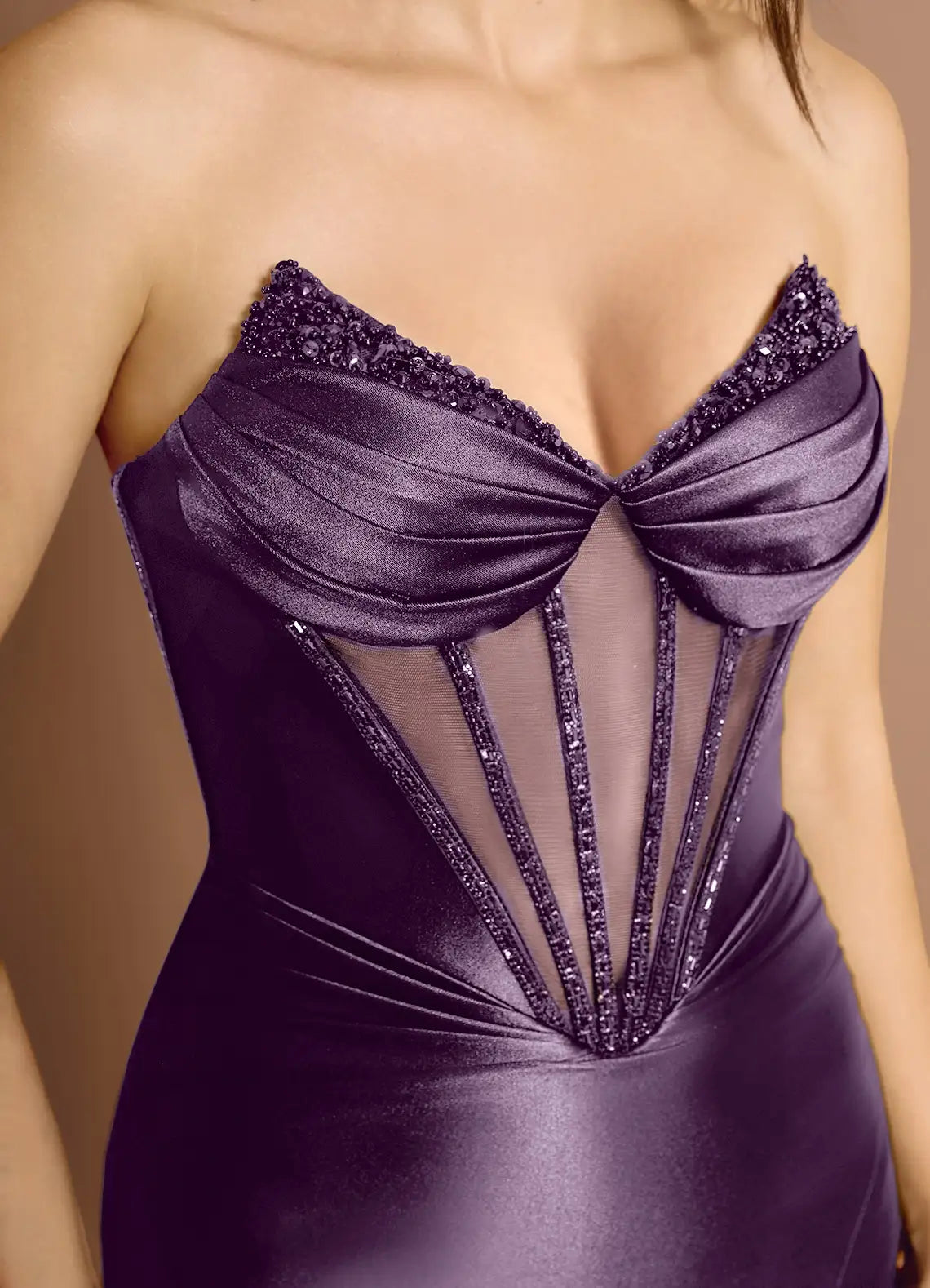 Mermaid Strapless Beaded Sheer Satin Dark Purple Maxi Evening Dress
