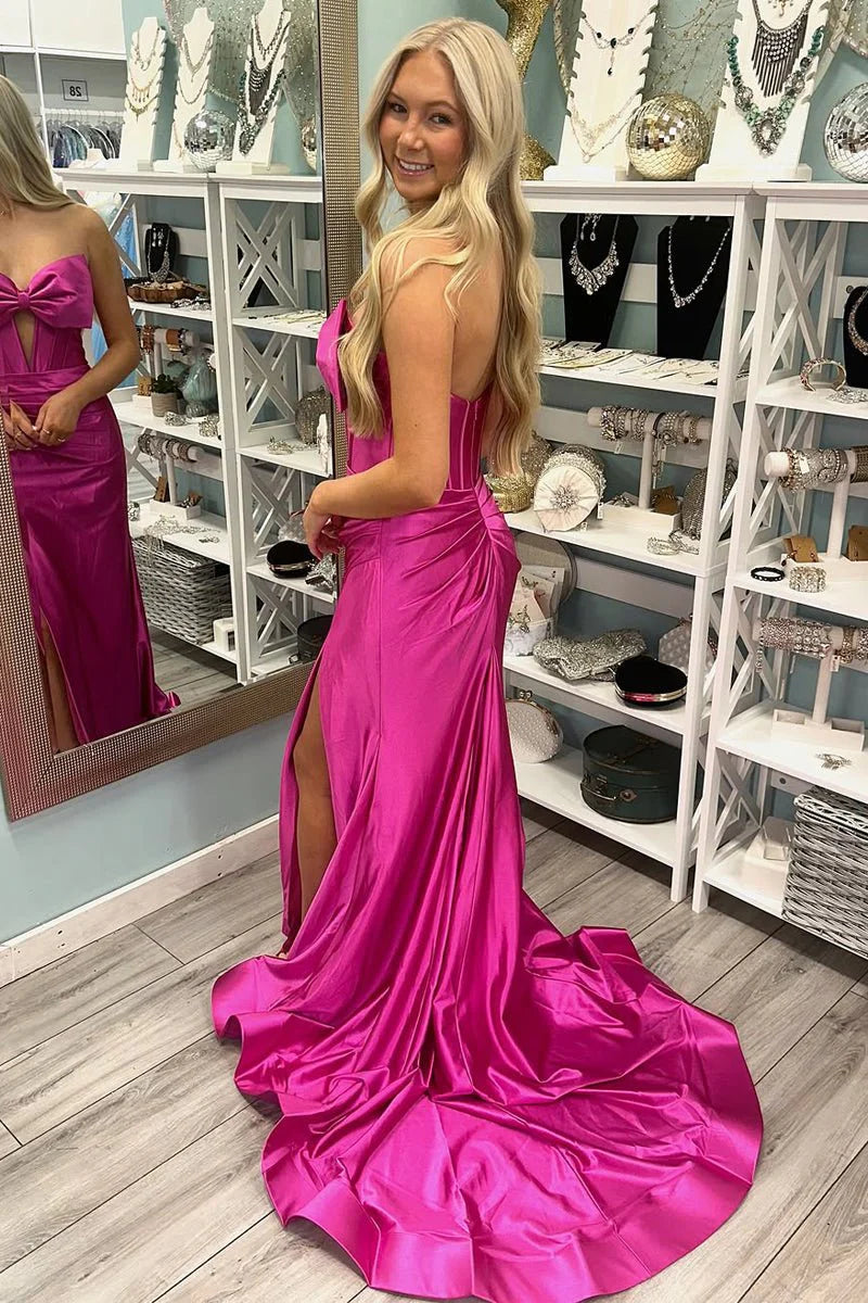 Mermaid Strapless Bow Pleated Slit Satin Red Long Evening Dress