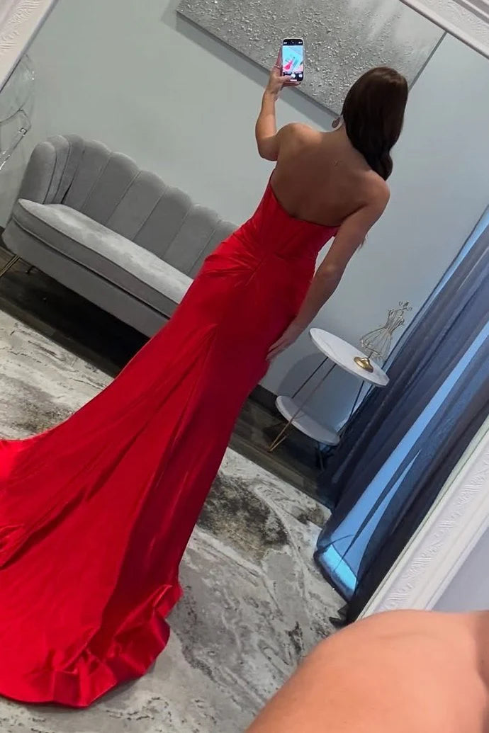 Mermaid Strapless Bow Pleated Slit Satin Red Long Evening Dress