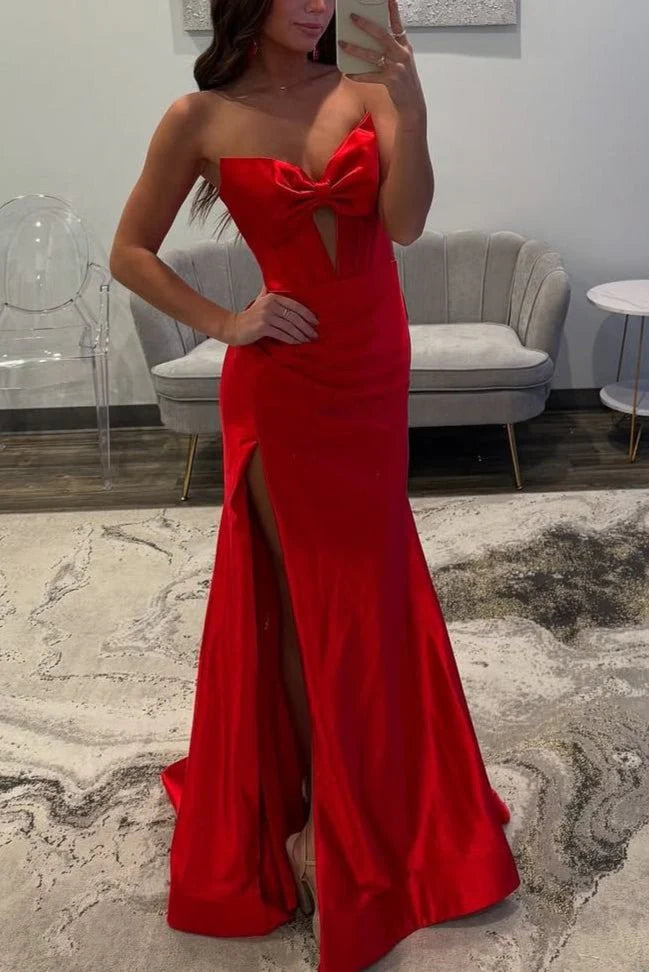 Mermaid Strapless Bow Pleated Slit Satin Red Long Evening Dress