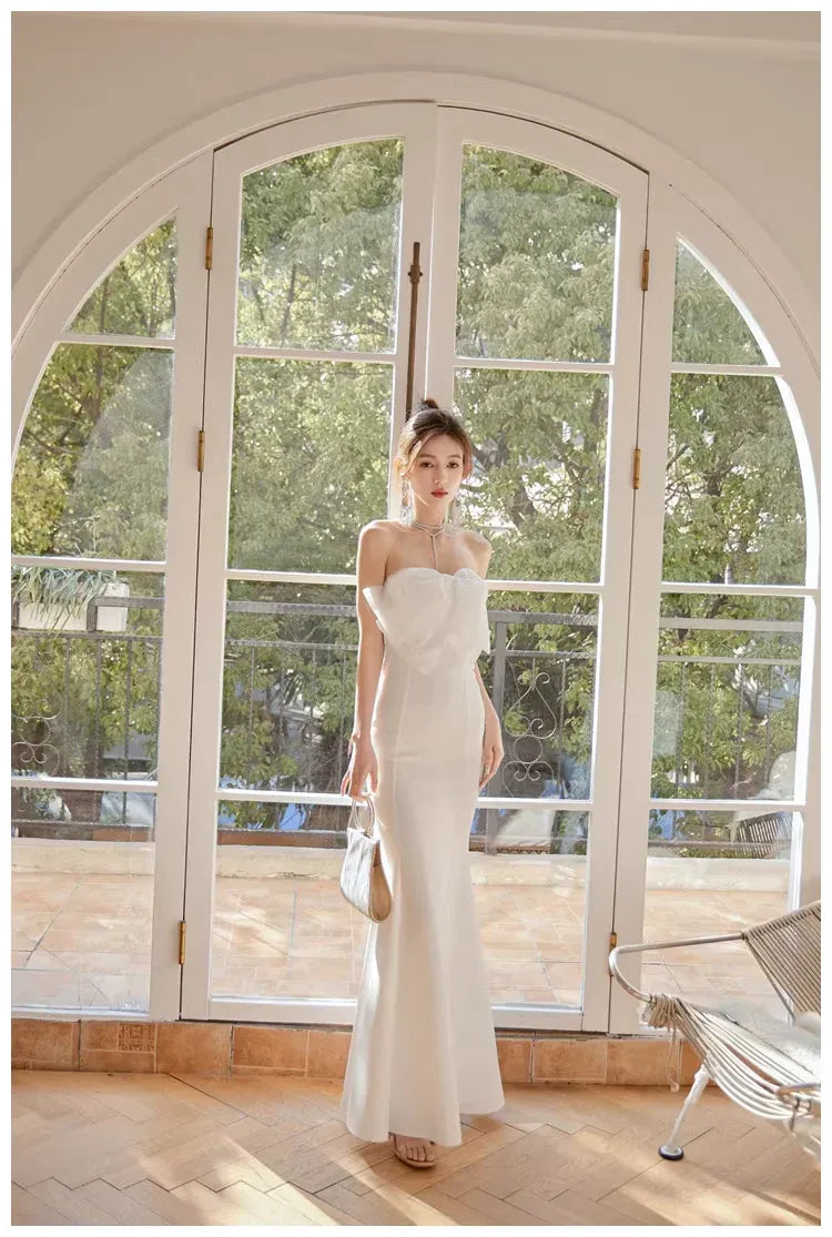 Mermaid Strapless Bow Satin White Long Prom Dress Ready To Ship