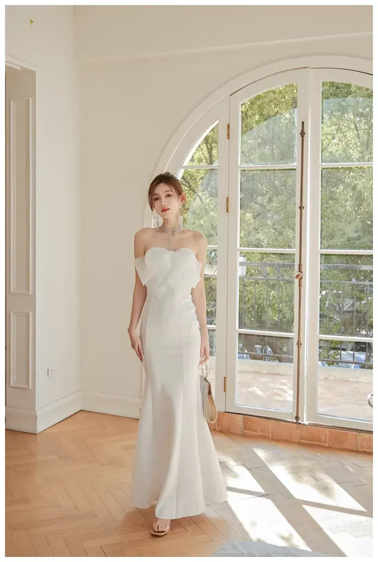Mermaid Strapless Bow Satin White Long Prom Dress Ready To Ship