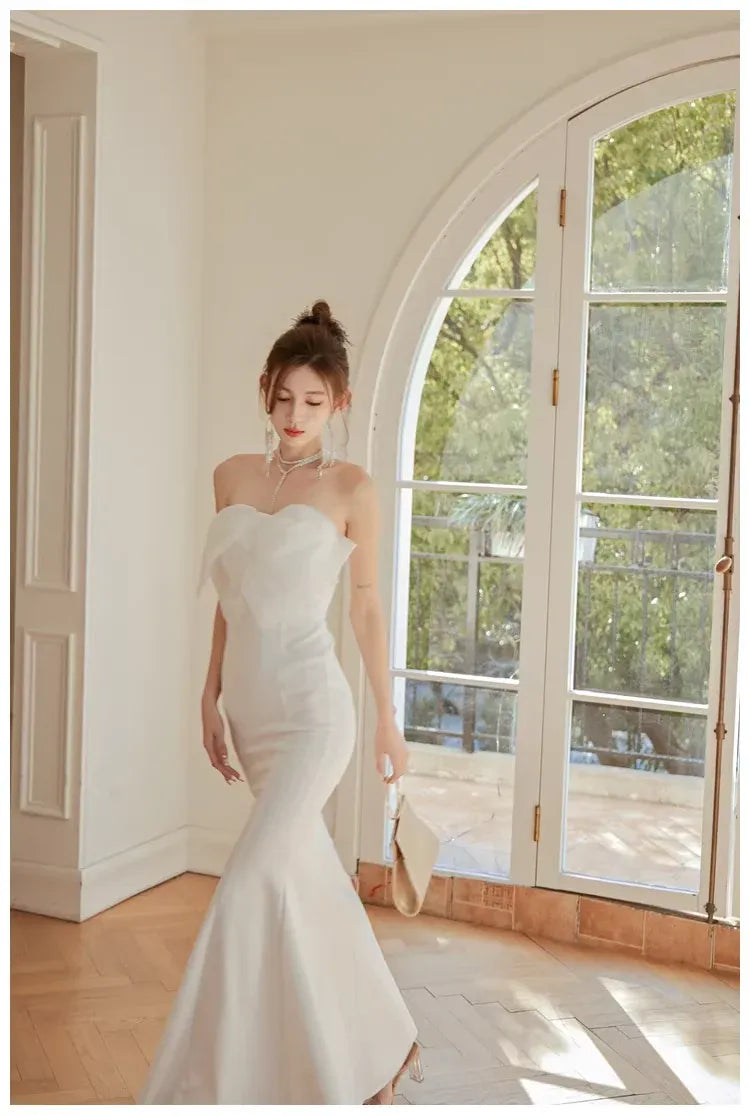 Mermaid Strapless Bow Satin White Long Prom Dress Ready To Ship