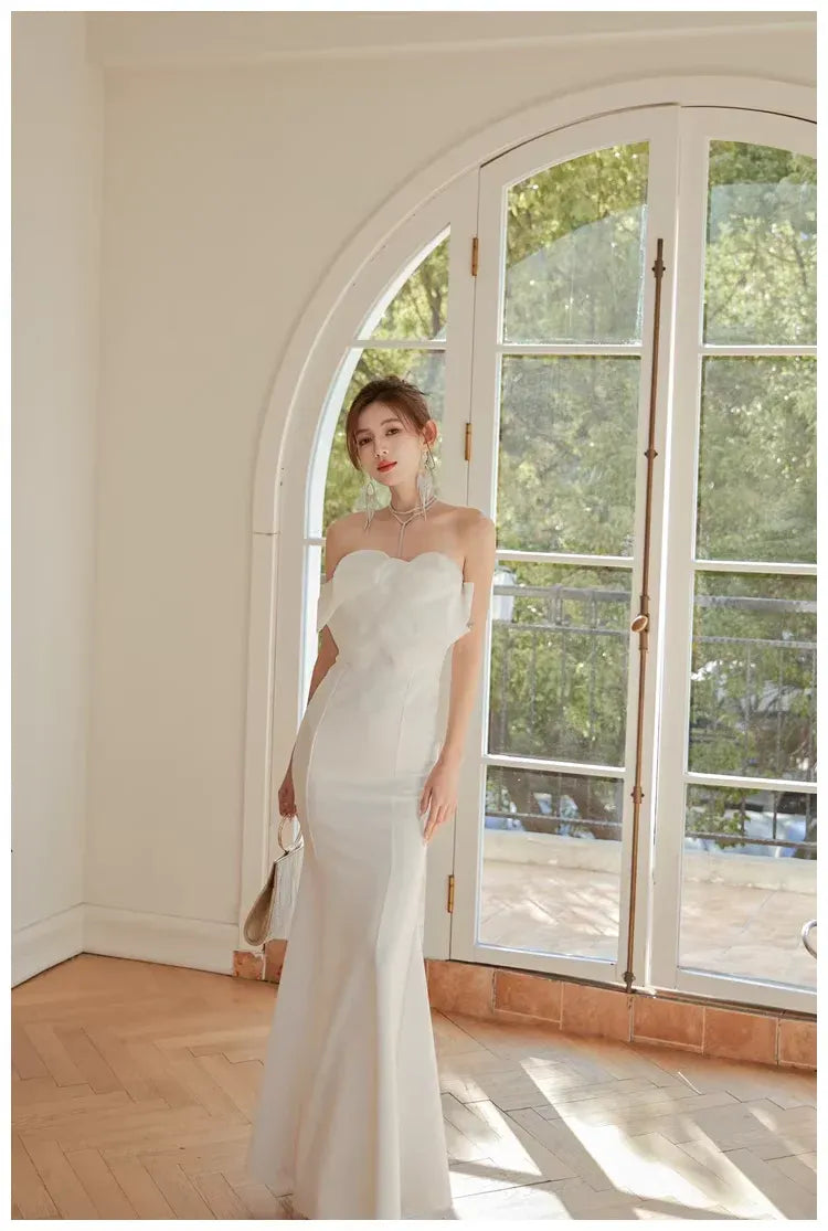 Mermaid Strapless Bow Satin White Long Prom Dress Ready To Ship