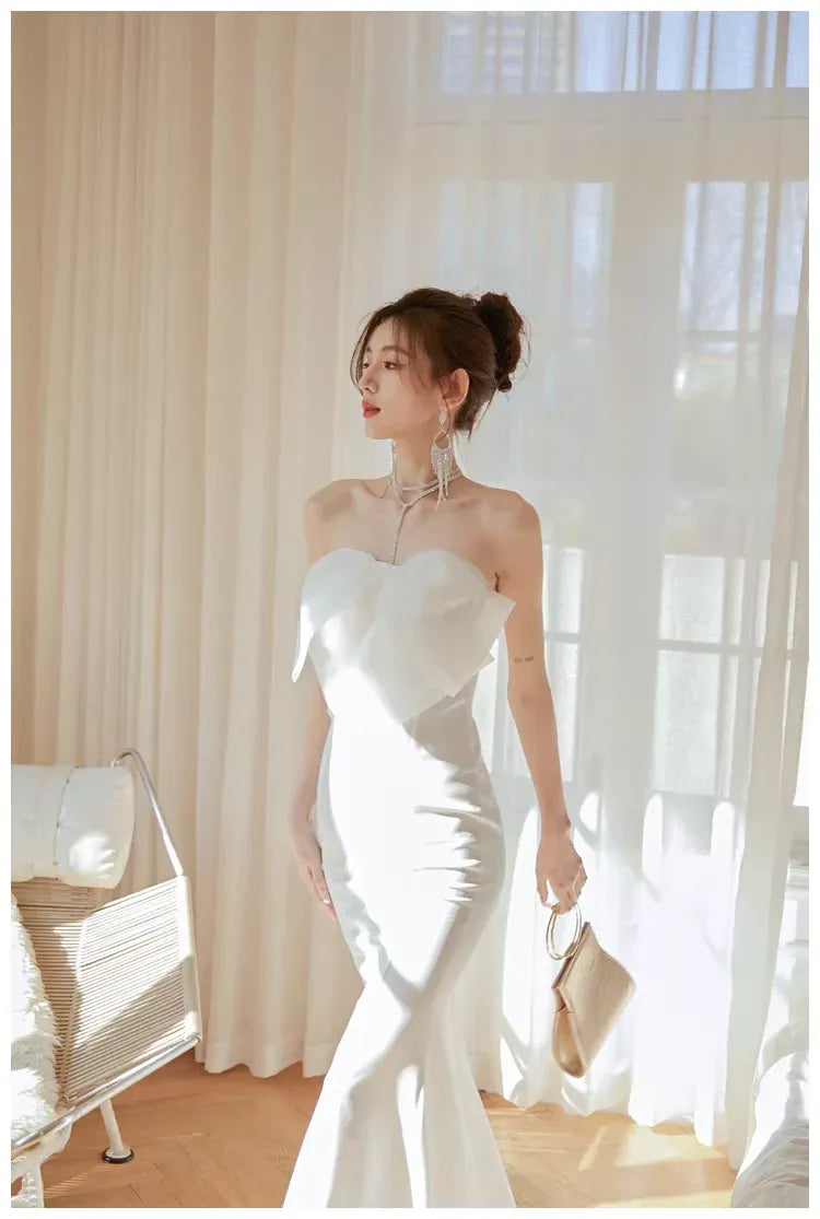 Mermaid Strapless Bow Satin White Long Prom Dress Ready To Ship