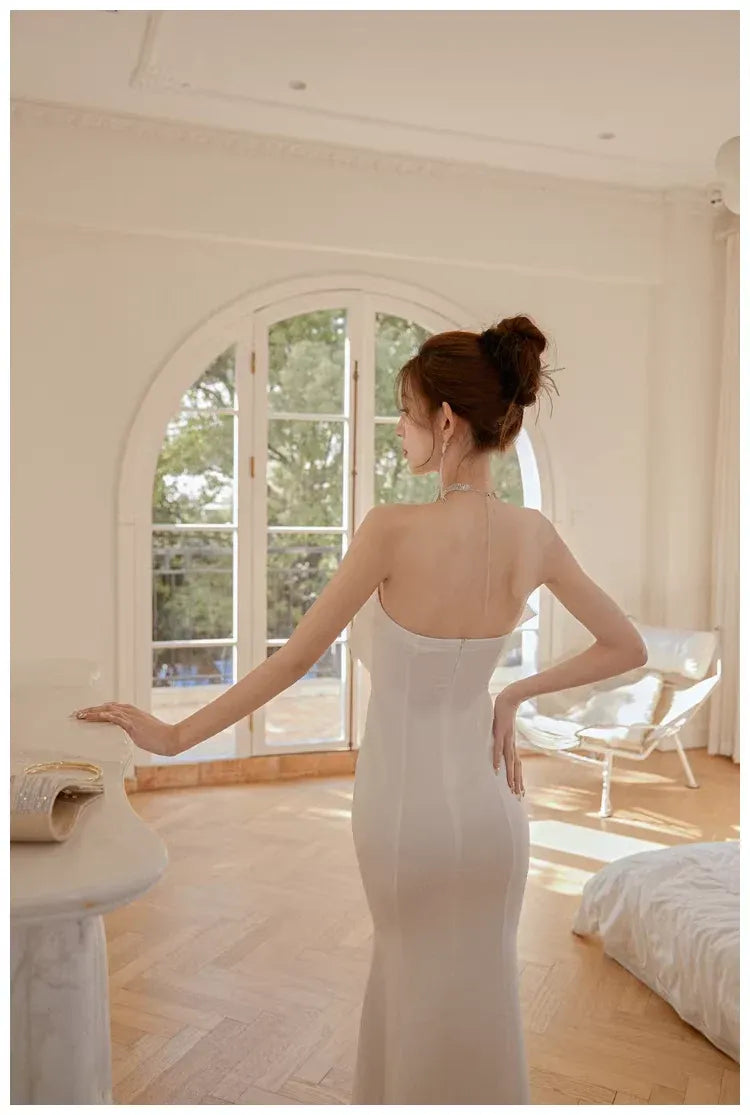 Mermaid Strapless Bow Satin White Long Prom Dress Ready To Ship