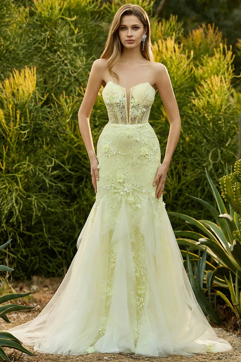 Mermaid Strapless Corset Lace Applique Yellow Floor Length Prom Dress Hot Sale
