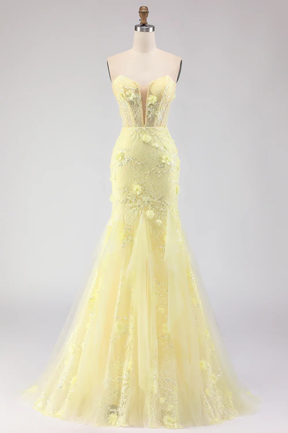 Mermaid Strapless Corset Lace Applique Yellow Floor Length Prom Dress Hot Sale