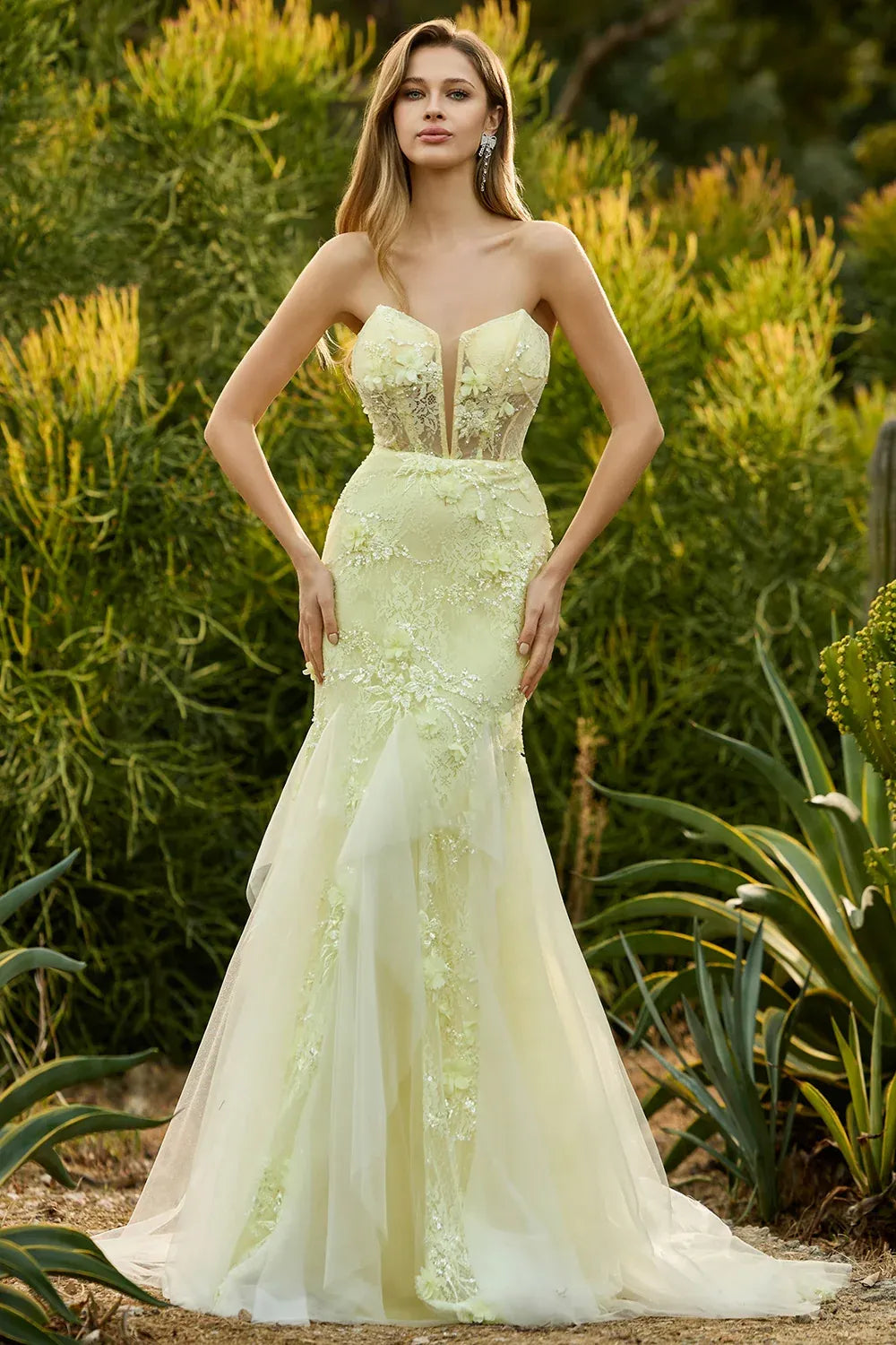 Mermaid Strapless Corset Lace Applique Yellow Floor Length Prom Dress Hot Sale