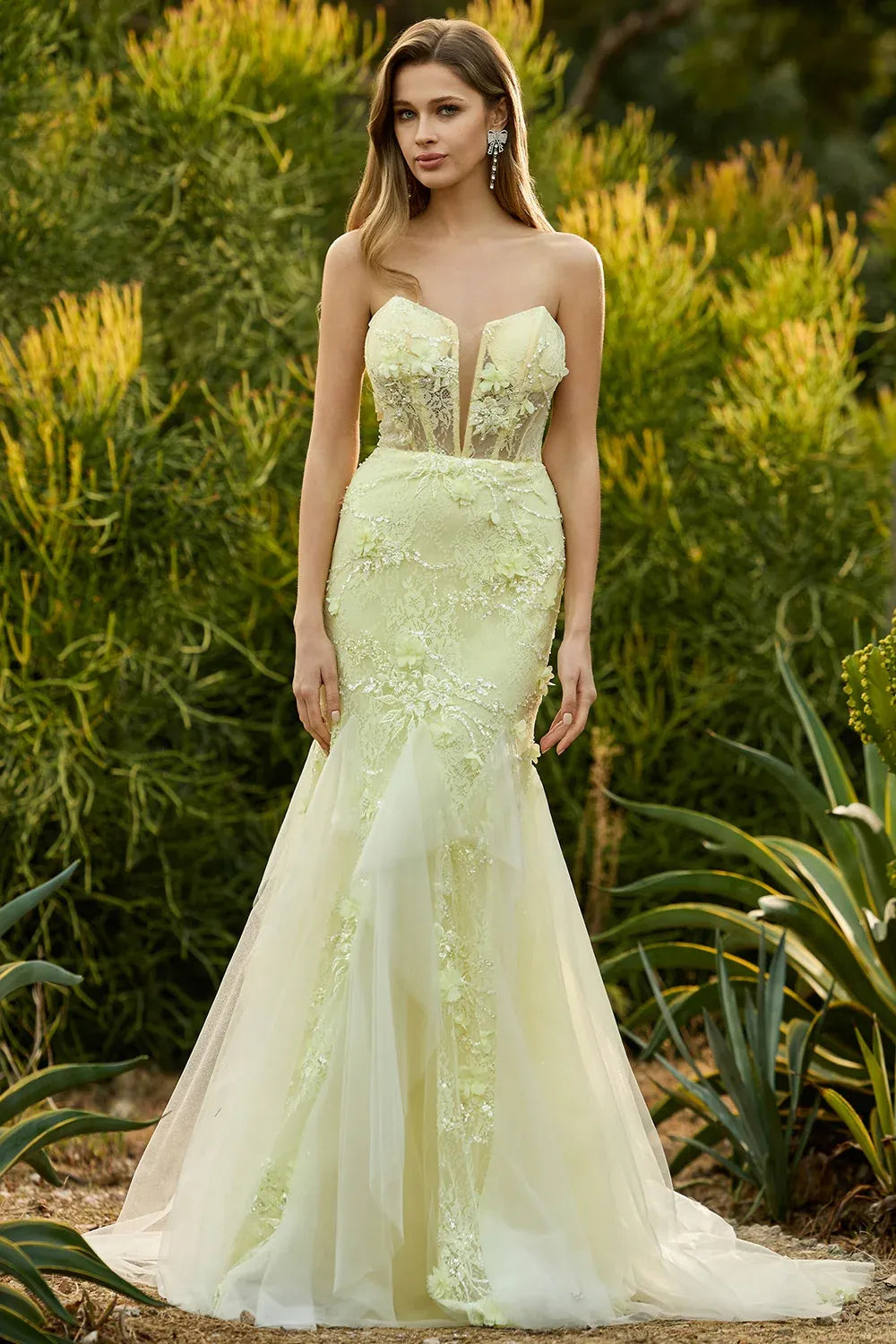 Mermaid Strapless Corset Lace Applique Yellow Floor Length Prom Dress Hot Sale