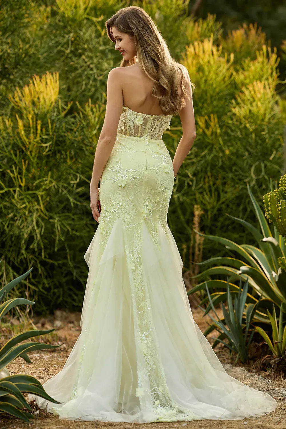 Mermaid Strapless Corset Lace Applique Yellow Floor Length Prom Dress Hot Sale