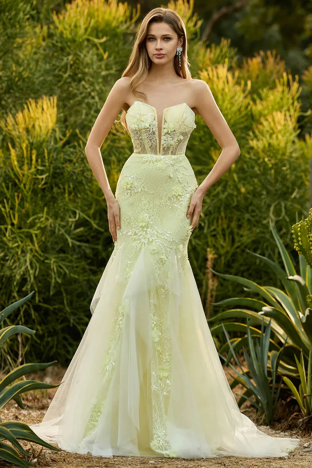 Mermaid Strapless Corset Lace Applique Yellow Floor Length Prom Dress Hot Sale
