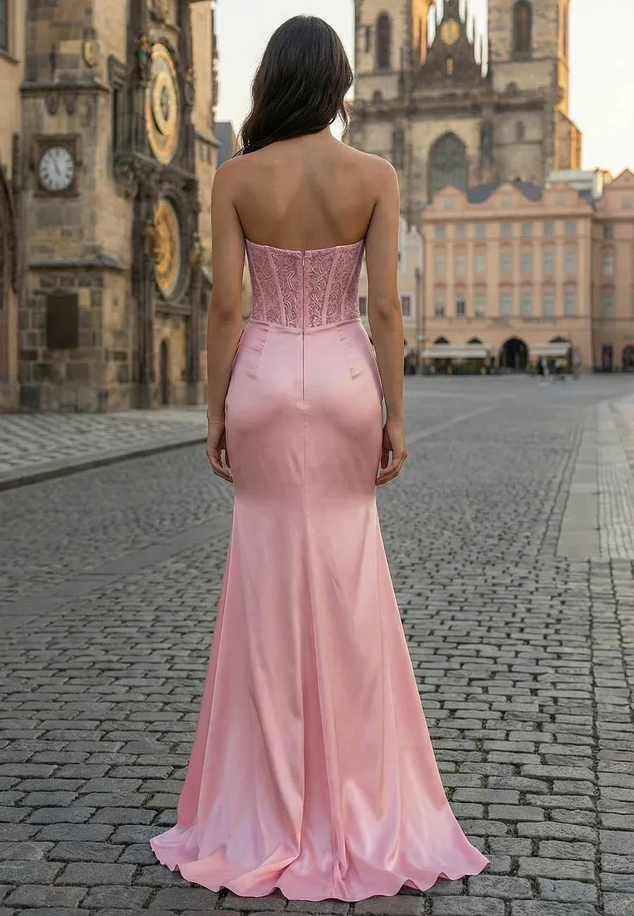 Mermaid Strapless Corset Lace Slit Satin Blush Pink Prom Dress With Train