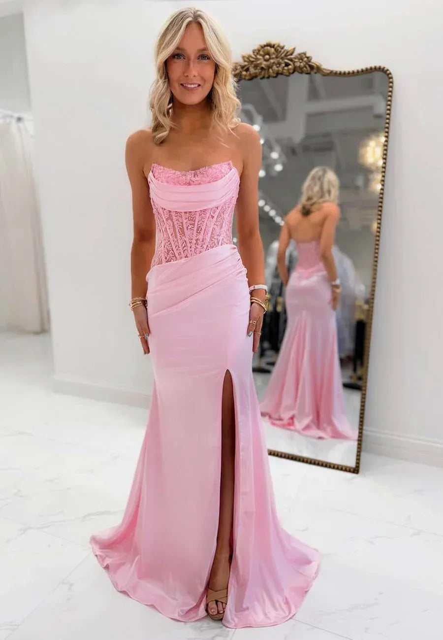 Mermaid Strapless Corset Lace Slit Satin Blush Pink Prom Dress With Train