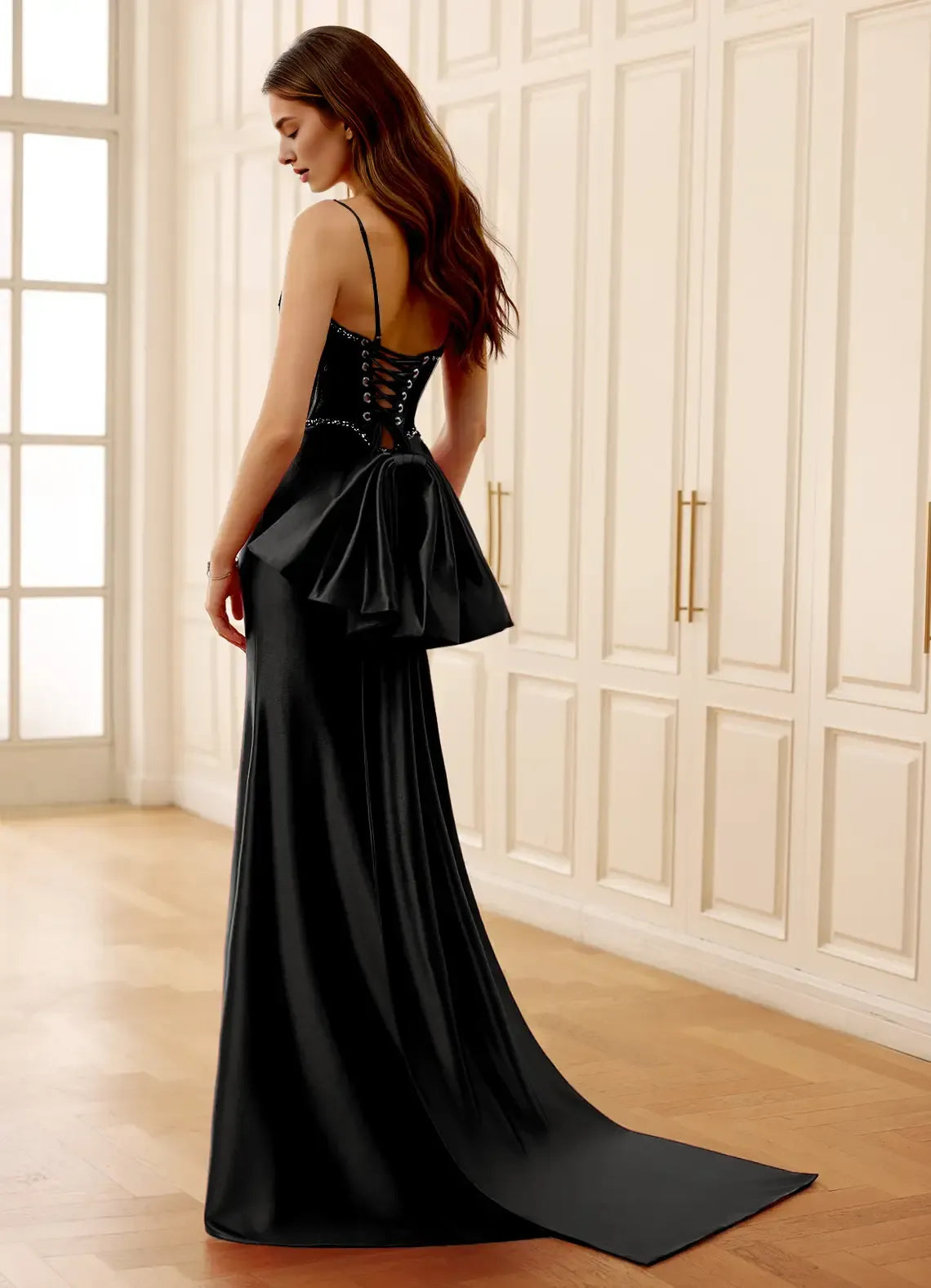 Mermaid Strapless Corset Rhinestone Slit Lace Satin Black Prom Dress