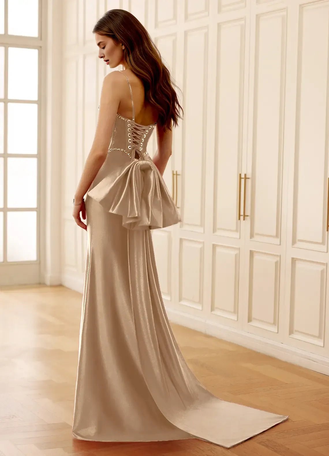 Mermaid Strapless Corset Rhinestone Slit Lace Satin Champagne Prom Dress