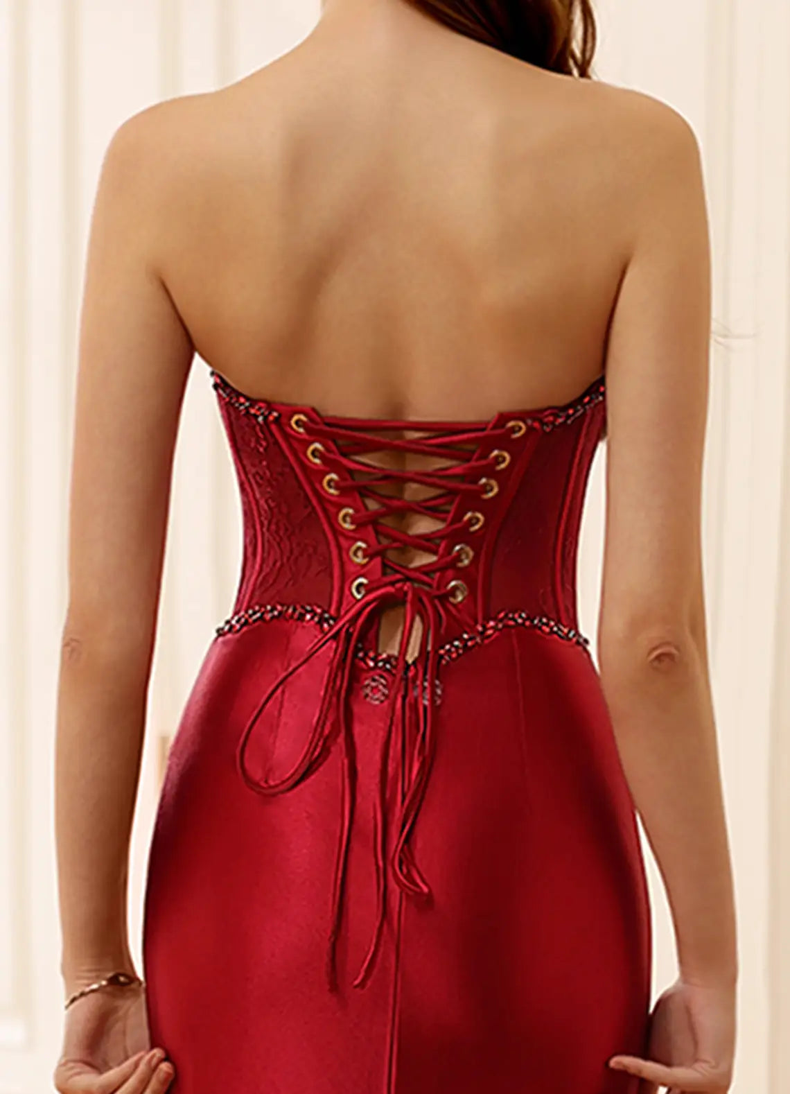 Mermaid Strapless Corset Rhinestone Slit Lace Satin Red Prom Dress