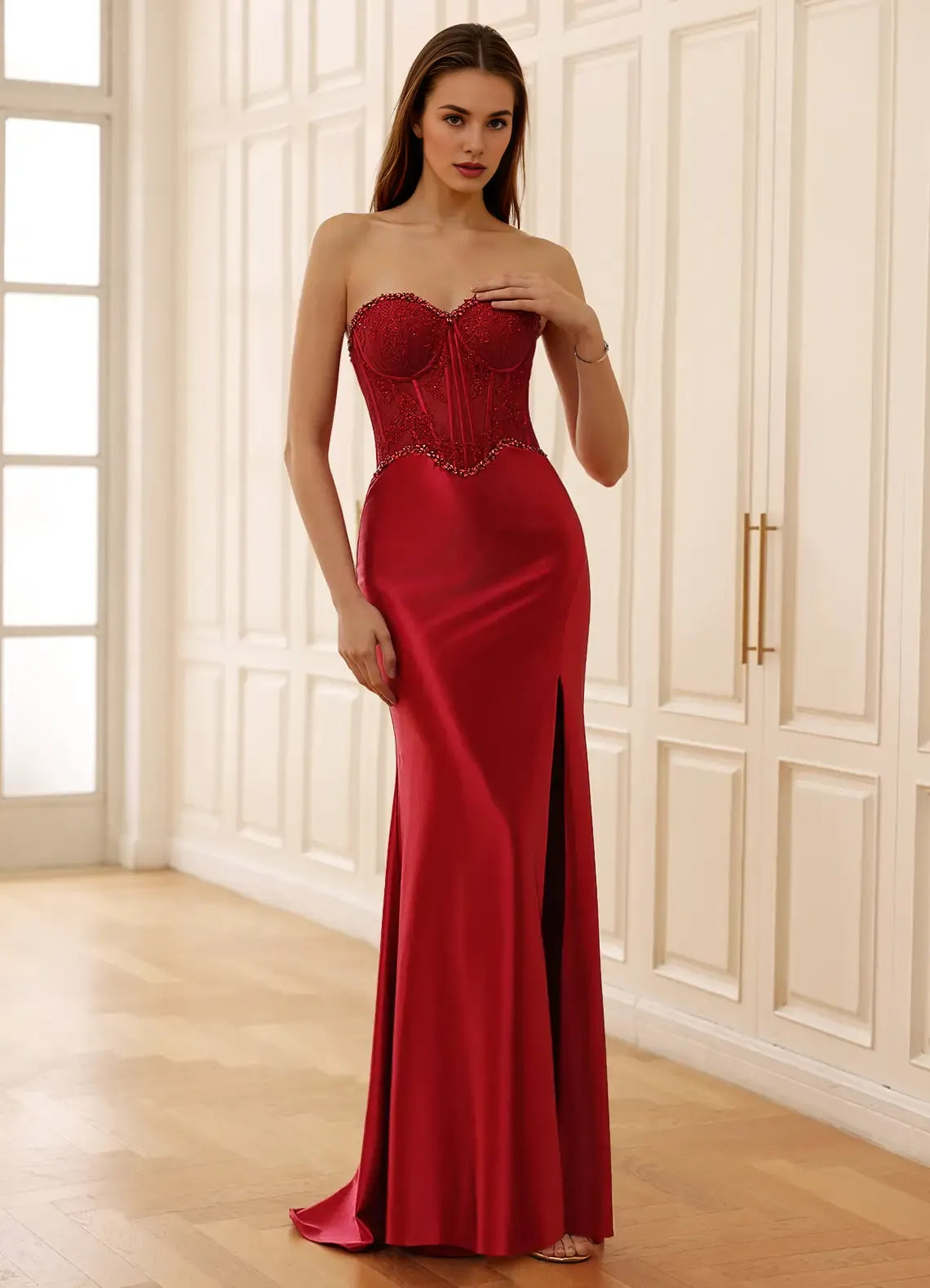 Mermaid Strapless Corset Rhinestone Slit Lace Satin Red Prom Dress