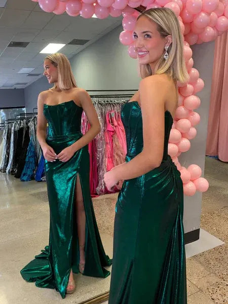 Mermaid Strapless Corset Ruched Slit Emerald Green Evening Dress With Train