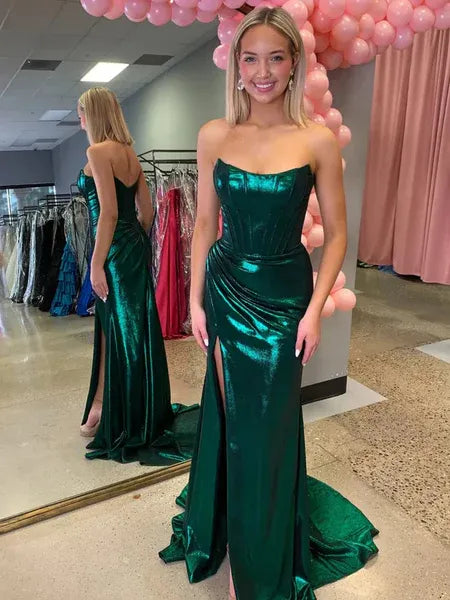 Mermaid Strapless Corset Ruched Slit Emerald Green Evening Dress With Train